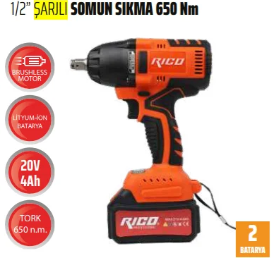 Rico 1/2 20V 4Ah Şarjlı Somun Sökme Sıkma Makinesi 650Nm