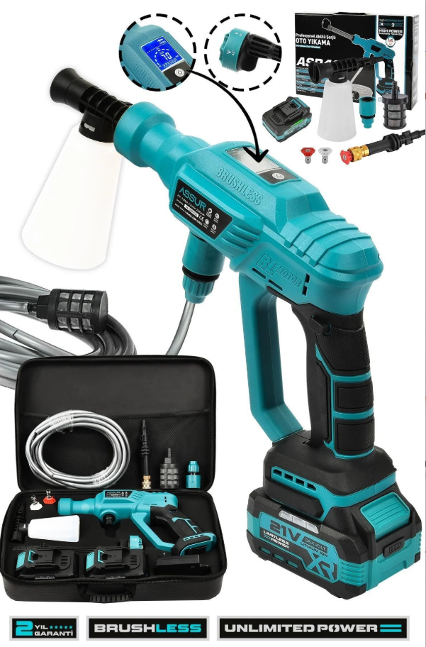 ASSUR 21v Kömürsüz Motor Yüksek Basınçlı Akülü Oto Araba Yıkama Makinesi Şarjlı ASR-CW21