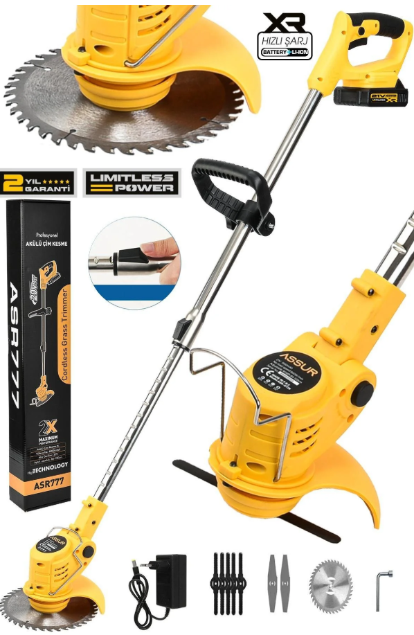 ASSUR 21v Çift Akülü Teleskopik Kol Çalı Ot Çim Biçme Şarjlı Tırpan ASR-777